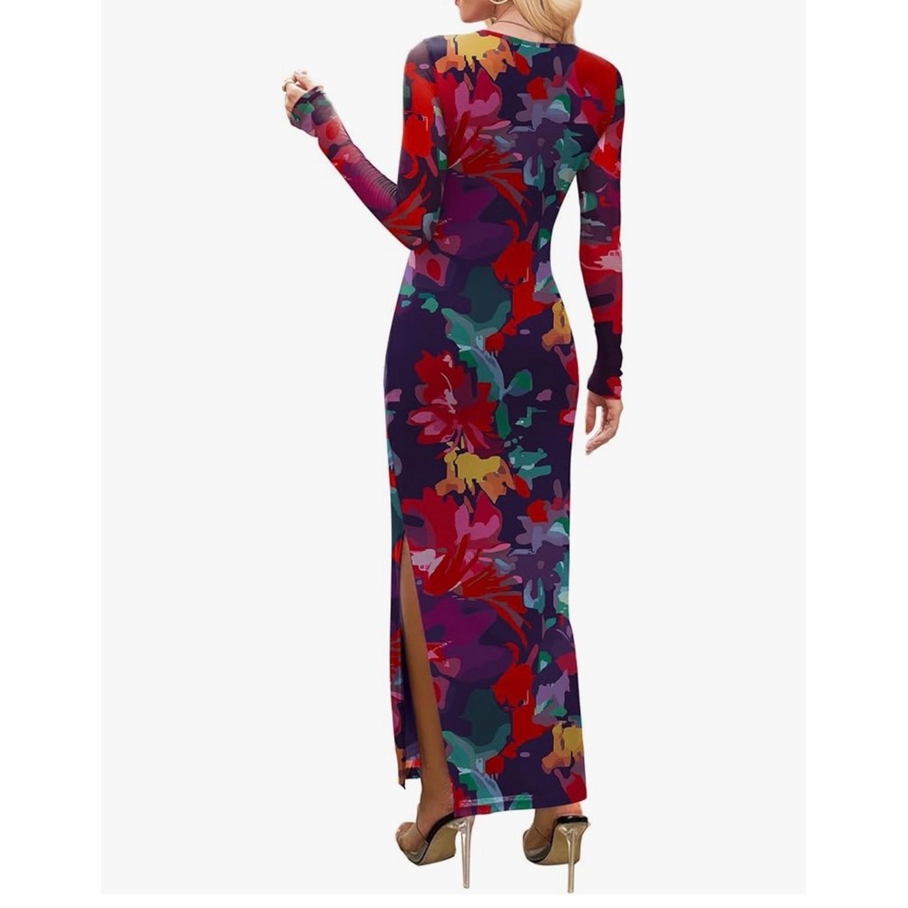 WIHOLL Women Purple Floral Mesh Long Sleeve Bodycon Maxi Dress Side Slit Size S